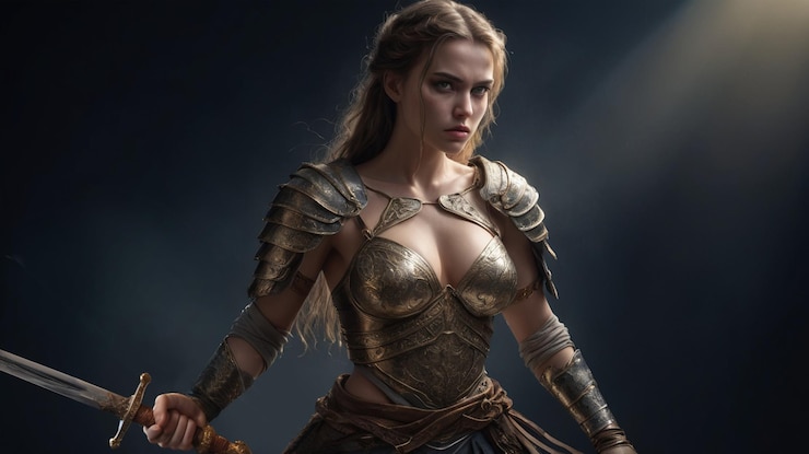 PSD une belle guerrière blonde avec une épée debout sur la plage papier peint de guerrière de jeu sexy