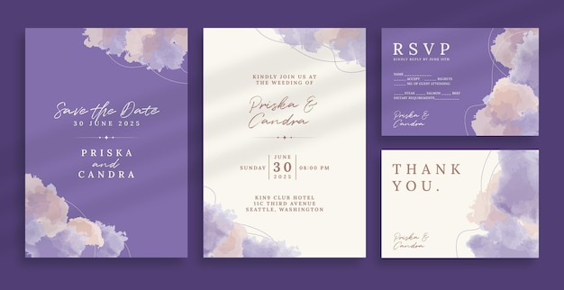 Belle Invitation De Mariage Violet Avec Des Décorations à L'aquarelle