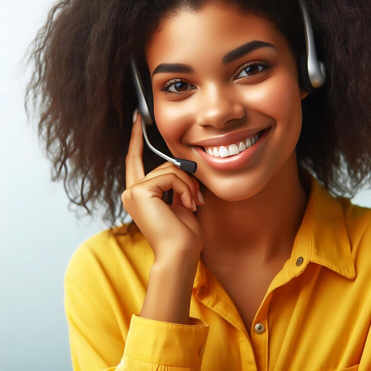 PSD une belle jeune fille du service à la clientèle souriante avec un casque