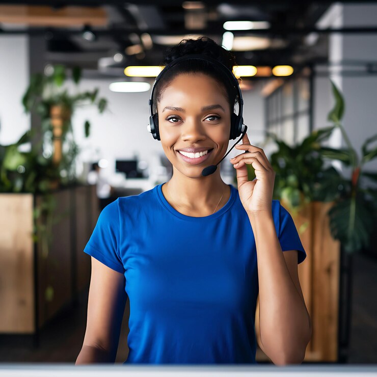 PSD une belle jeune fille du service à la clientèle souriante avec un casque