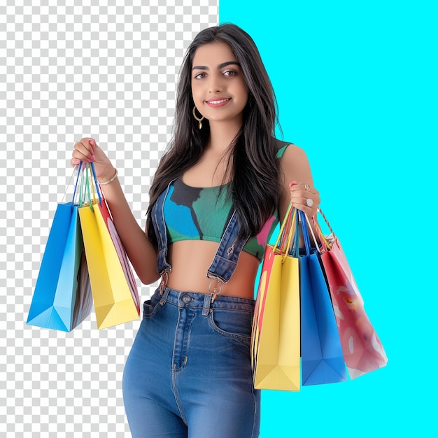 PSD une belle jeune fille indienne portant des sacs d'achat sur un fond transparent isolé.