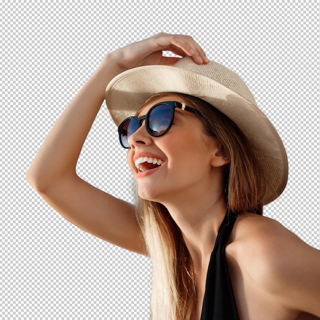Une belle jeune fille joyeuse avec un chapeau et des lunettes de soleil se repose sur la plage du matin.