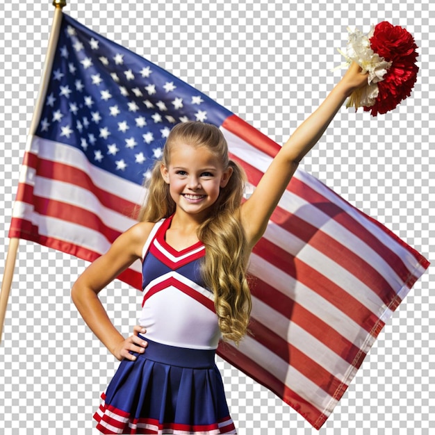 PSD une belle jeune pom-pom girl avec un drapeau américain.