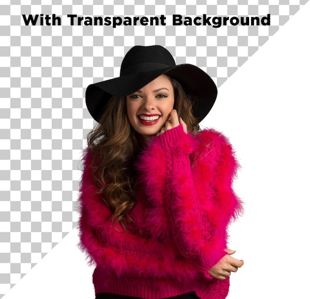 Belle mannequin de mode en robe rouge ou rose avec fourrure et chapeau noir Photo PNG PSD