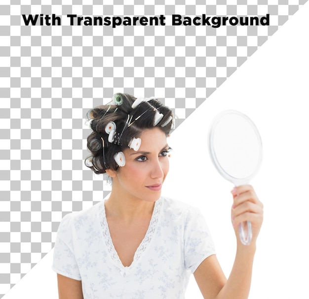 Une belle mannequin tenant un miroir à la main sur la tête Photo PNG PSD