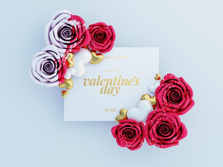PSD belle maquette de carte de voeux décorée avec des roses mignonnes et une scène de vue de dessus de coeurs d'amour