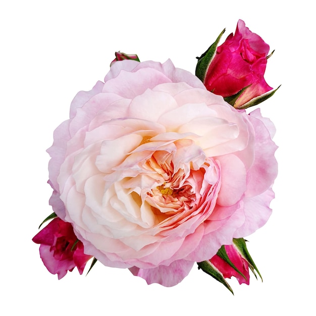Une belle rose rose avec un bourgeon sur un fond blanc