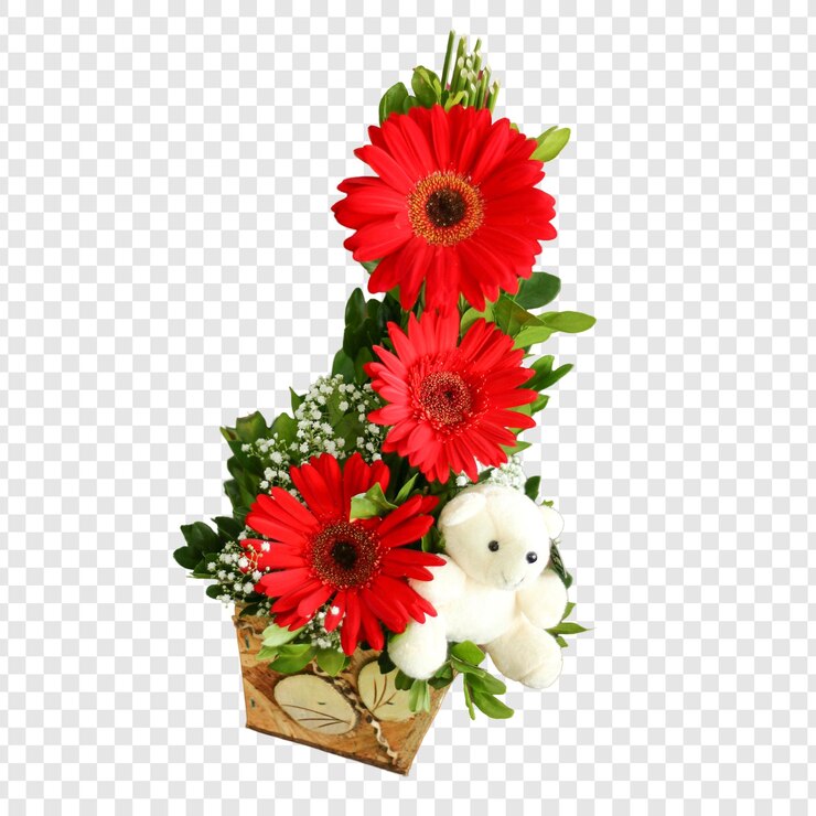 PSD de belles fleurs de gerberas rouges avec un ours en peluche dans un panier décoratif