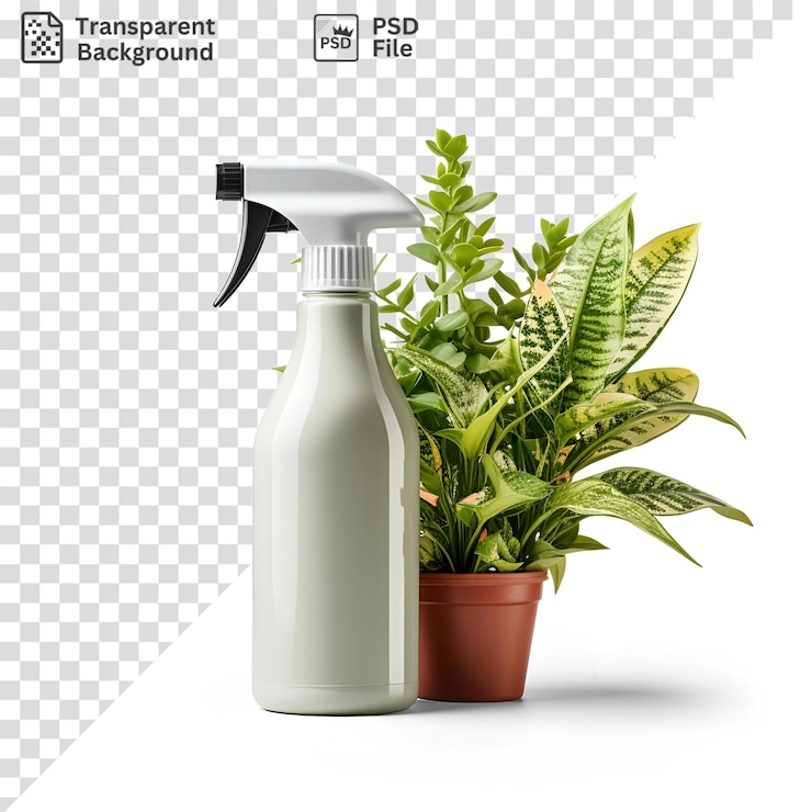 PSD de belles plantes vertes dans un pot brun s'assoient à côté d'une bouteille en plastique blanc avec un bouchon noir et blanc tandis qu'une feuille verte ajoute une touche de nature à la scène