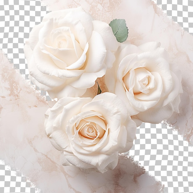 PSD de belles roses blanches sur un fond transparent de marbre vues d'en haut