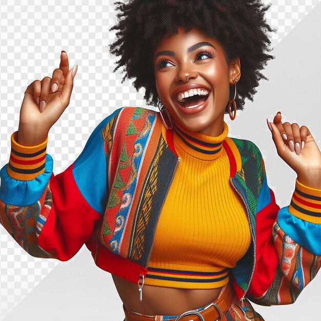 PSD la belleza afroamericana bailando riendo el rostro en ropa de colores sobre un fondo transparente