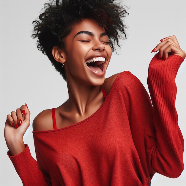 PSD la belleza afroamericana bailando riendo el rostro en ropa de satén roja sobre un fondo transparente