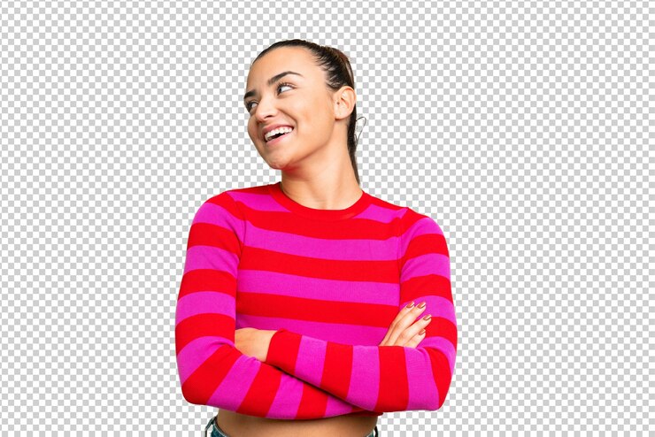 PSD la belleza joven sobre aislado fondo clave croma feliz y sonriente