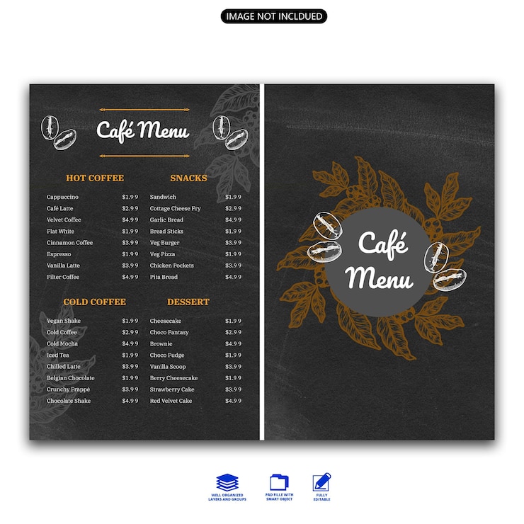 PSD bellissimo modello psd del menu della caffetteria dark aesthetic