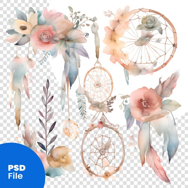 PSD belo cartão vetorial com aquarela dreamcatcher e flores modelo psd