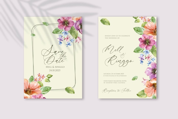 Belo convite de casamento com modelo desenhado à mão em aquarela floral