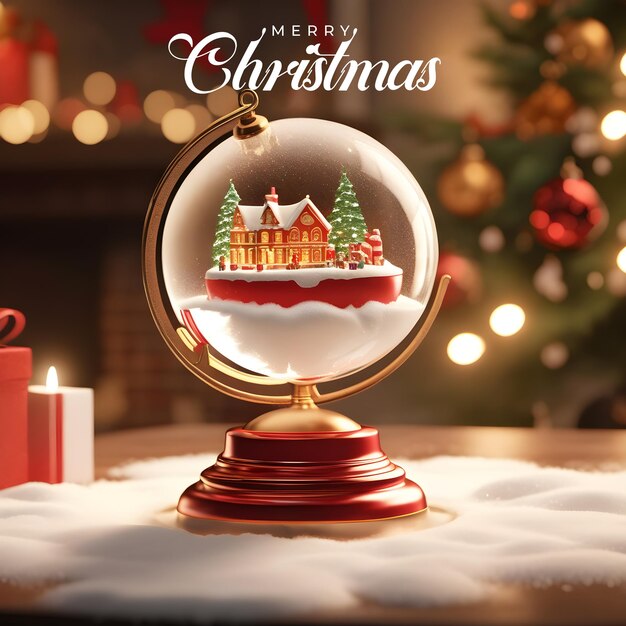 PSD belo globo de neve de natal na mesa e feliz natal decorado com fundo bokeh