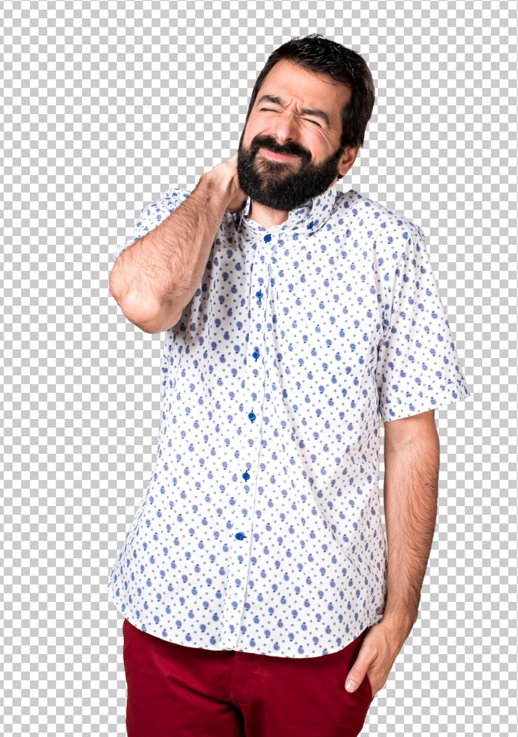 PSD belo homem moreno com barba com dor no pescoço