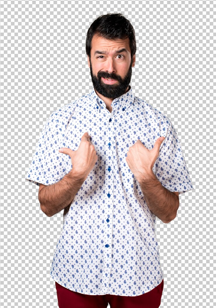PSD belo homem moreno com barba fazendo um gesto de surpresa