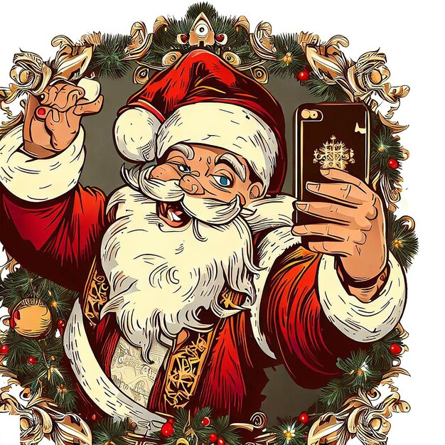 Belo retrato de selfie do papai noel rindo ai imagem de ilustração digital de arte vetorial