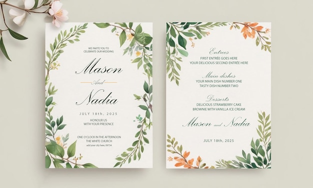 Belos cartões de convite de casamento com flores e folhas