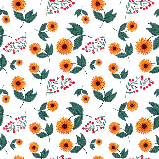Belos girassóis florescendo pequenas flores vermelhas galhos aquarelas desenhadas à mão padrão sem costura