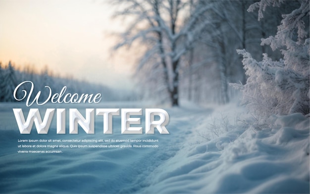PSD bem-vindo fundo de inverno com nevascas e neve coberta borrão floresta tempo de inverno frio