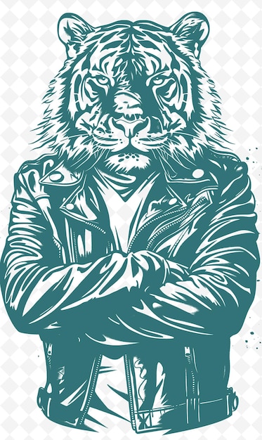 PSD bengal tiger trägt eine lederjacke mit selbstbewussten expres-tieren sketch art vector-kollektionen