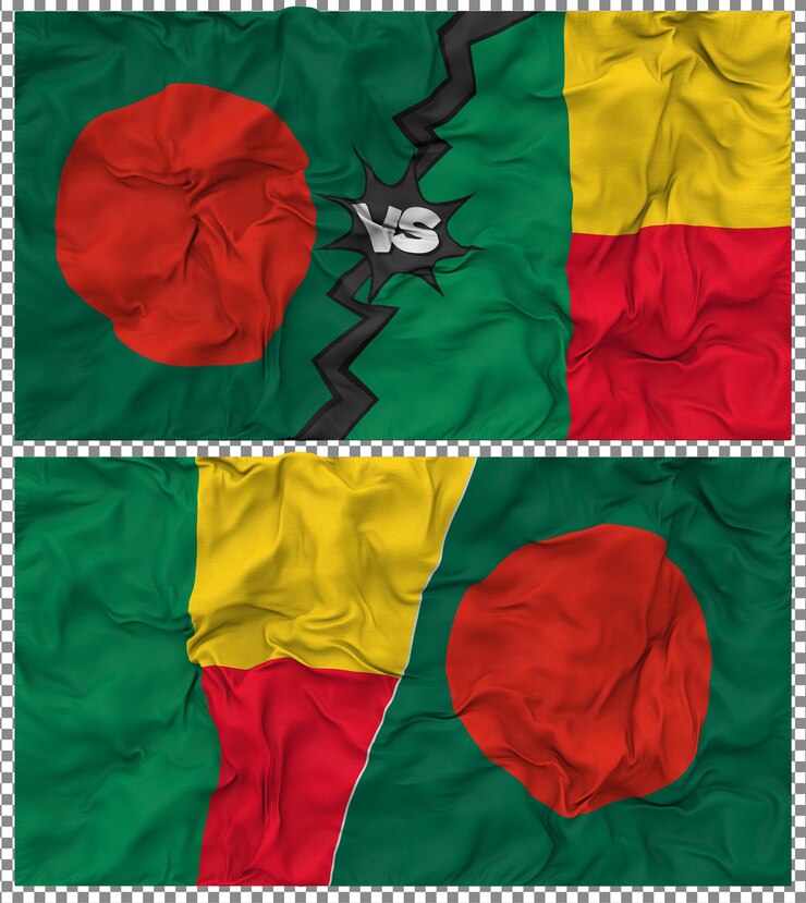 PSD benín contra bangladesh media bandera combinada con textura 3d de la tela de la bandera