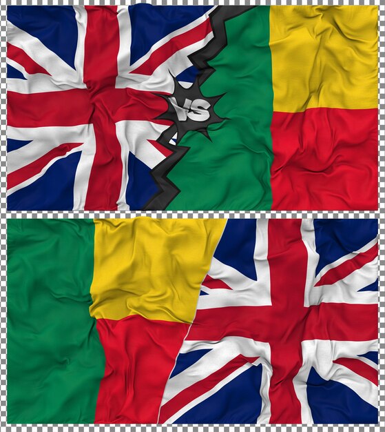 Benin contro Regno Unito Mezz'abbandono della bandiera di stoffa Bump Texture Rendering 3D