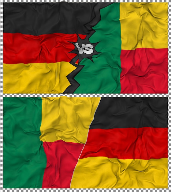 Benin gegen Deutschland Halbkombinierte Flagge Stoff-Bump-Textur 3D-Rendering