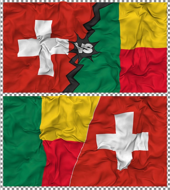 Benin gegen Schweiz Halbkombinierte Flagge Stoff-Bump-Textur 3D-Rendering