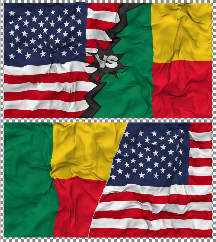 PSD benin vs estados unidos meia bandeira combinada tesoura bump texture relação bilateral renderização 3d