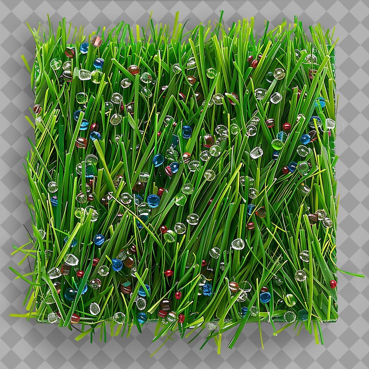 PSD bentgrass with vibrant green and blue glass beads and red mi isolated green texture on clean bg