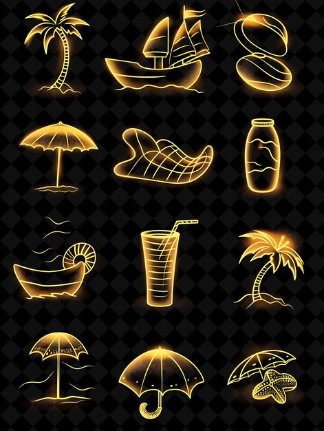 Berbagai Ikon Pantai Dengan Aura Bercahaya dan Set Kreatif Gaya Piksel Koleksi Warna Neon Y2K