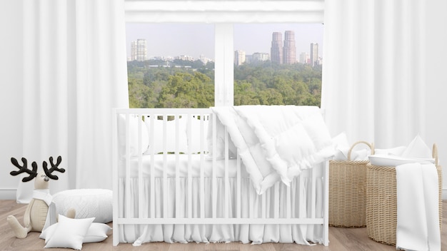 Berço branco no quarto adorável bebê
