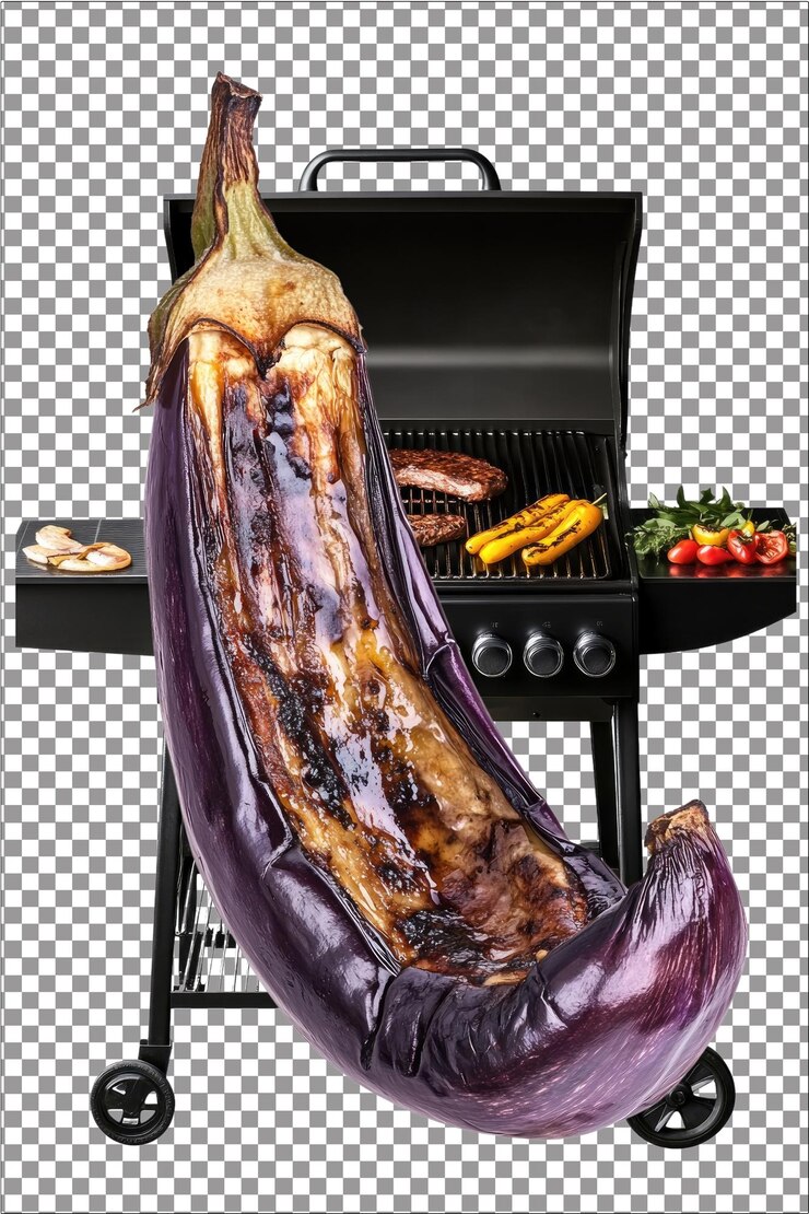 PSD berenjena a la parrilla ahumada y tierna ideal para sándwiches o ensaladas hiperrealista plato blanco aislado