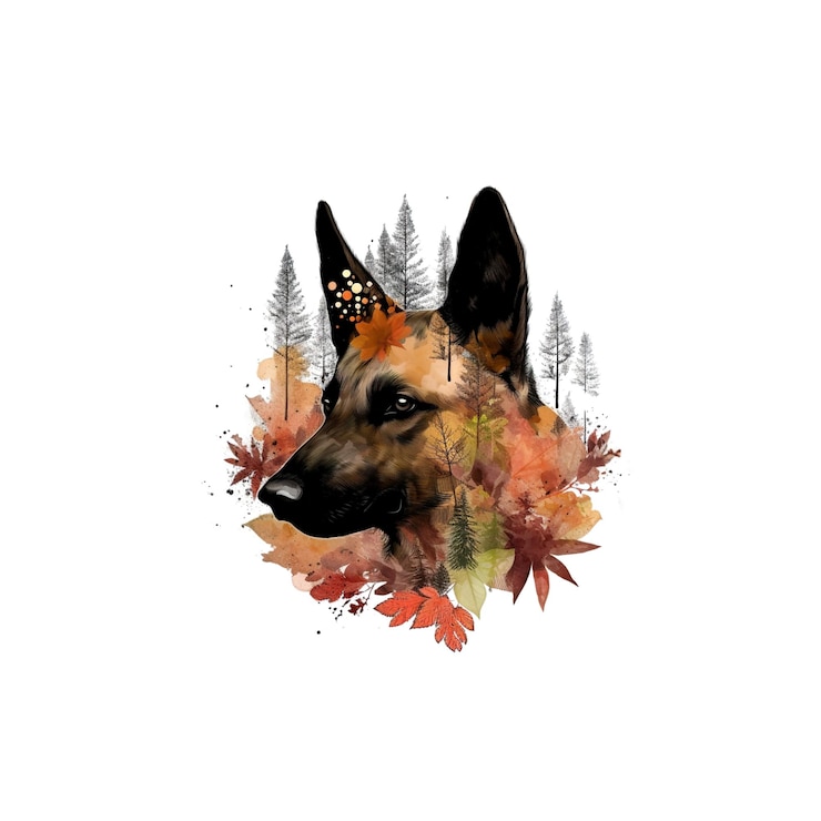 PSD le berger allemand avec des feuilles d'automne et une forêt en arrière-plan