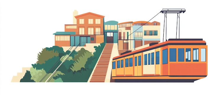 PSD bergseite mit einer seilbahn, die über farbenfrohe gebäude und üppiges grün hinaufsteigt