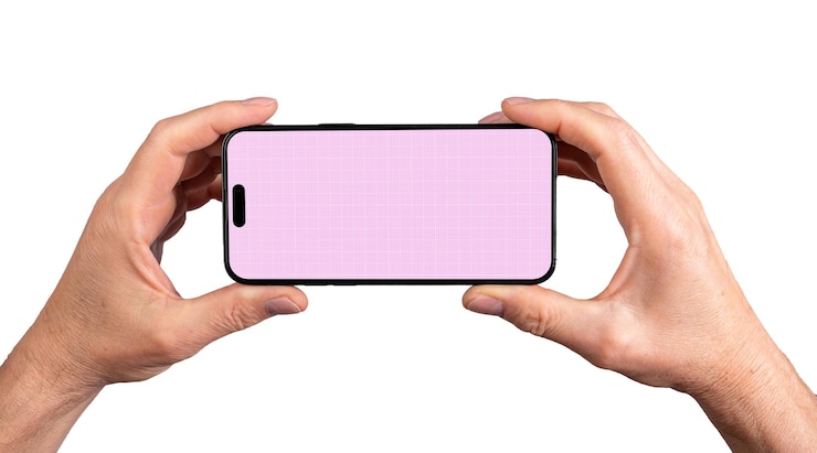 PSD berlin jerman 14 mei 2023 dua tangan memegang ponsel pintar iphone 14 pro max mockup layar horizontal terisolasi di latar belakang putih
