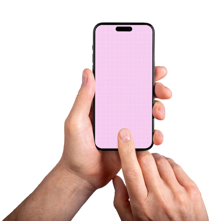 Berlino Germania 14 maggio 2023 Dito che fa clic sul mockup touchscreen dello smartphone iphone 14 pro display mockup in mano isolato su sfondo bianco