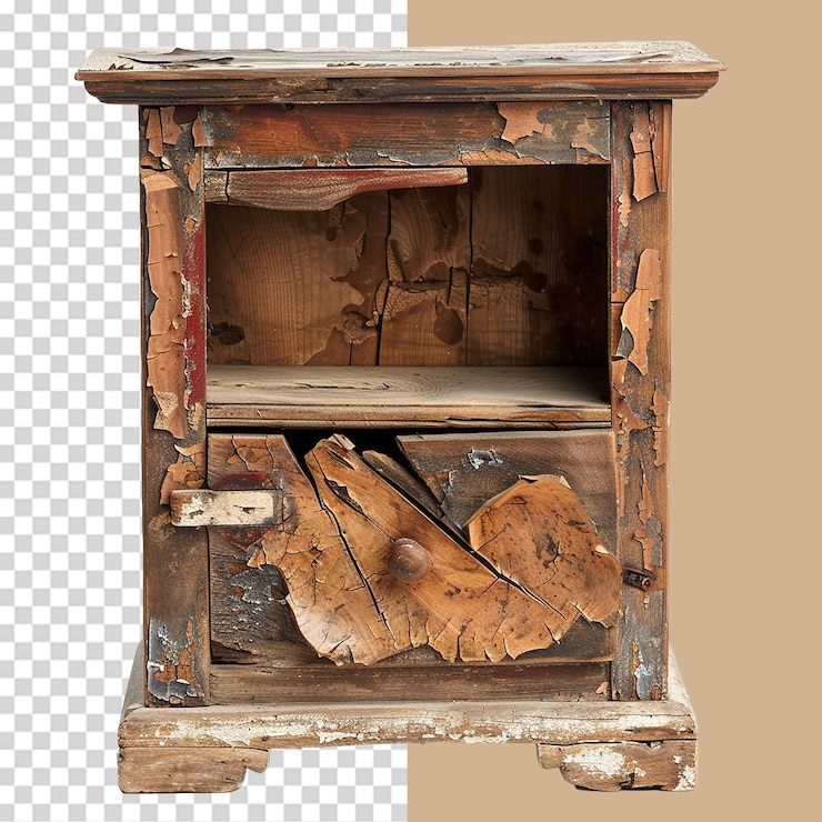 PSD beschädigter kleiner holzschrank png isoliert auf durchsichtigem hintergrund