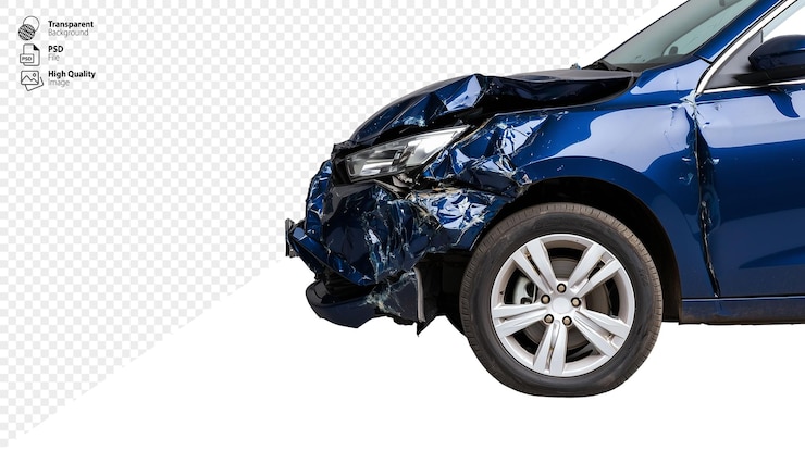 PSD beschädigtes blaues auto mit zerknitterter vorderer stoßstange und zerbrochenen scheinwerfern auf durchsichtigem hintergrund