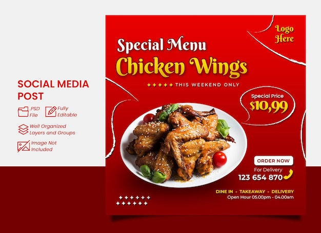Besonderes Menü Chicken Wings Banner Vorlage Instagram Banner Post rot