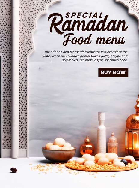 PSD besonderes ramadan-menü poster-design mit 3d-podium