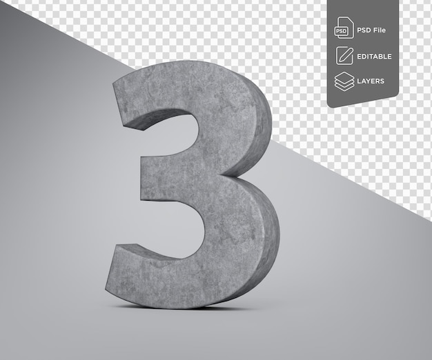 Beton Nummer drei Drei Ziffern aus grauem Betonstein auf grauem Hintergrund 3D-Illustration