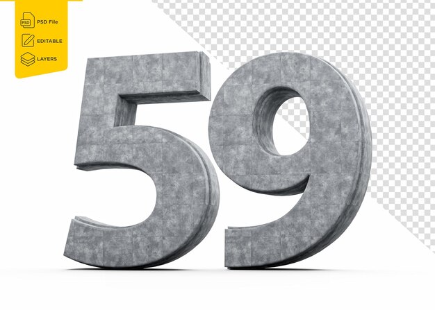 Betonnummer Fünfzig Neun 59 Ziffer aus grauem Betonstein 3D-Illustration