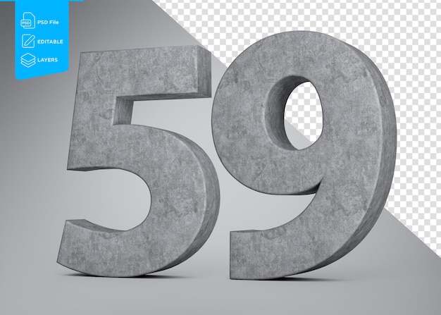 Betonnummer fünfzig neun 59 Ziffer aus grauem Betonstein auf grauem Hintergrund 3D-Illustration