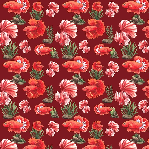 Betta splendide thaïlandaise colorée au milieu de plantes d'aquarium luxuriantes Motif d'aquarelle dessiné à la main sans couture