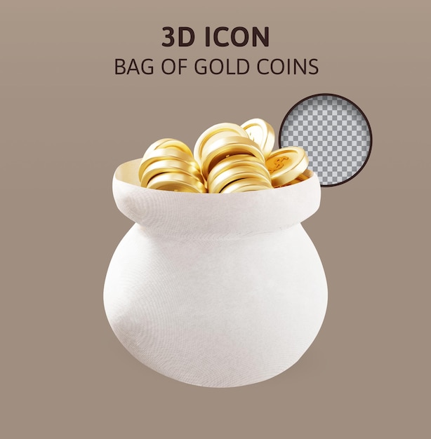 PSD beutel mit goldmünzen 3d-rendering-illustration
